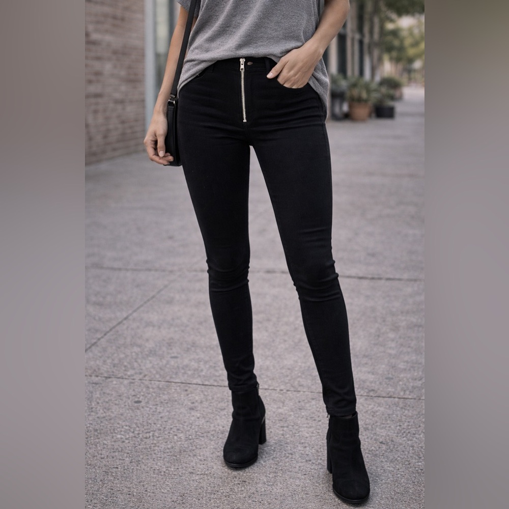 Good American Good Waist Black Skinny Jeans 00/24 High Rise Zip Fly Stretch